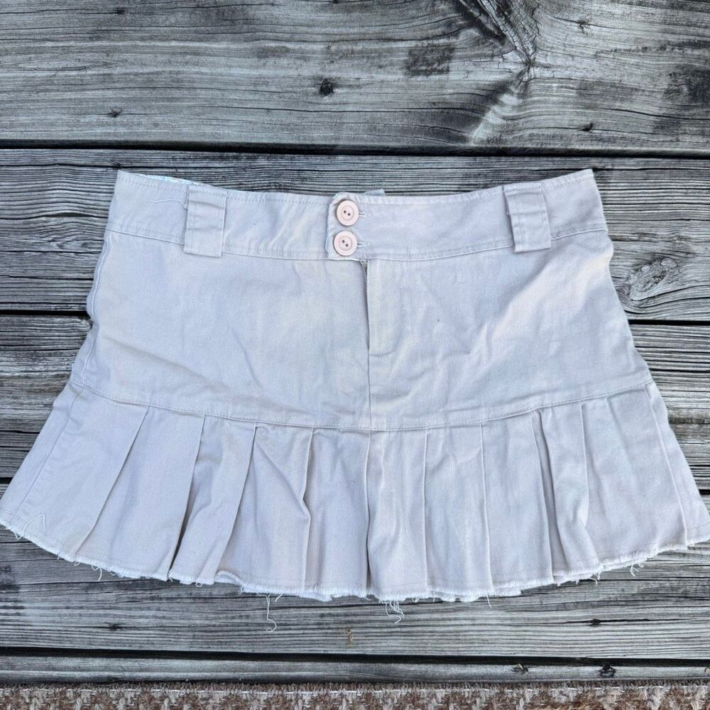 Y2K Venus Low Rise Pleated Mini Skirt Beige Raw Hem Tennis Schoolgirl Large